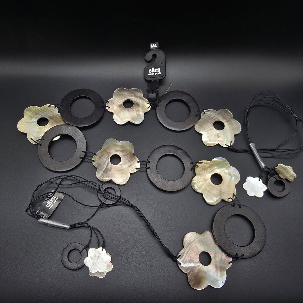 Cara NY Abalone Shell Flower Wood Belt Black Cord Boho Beachy